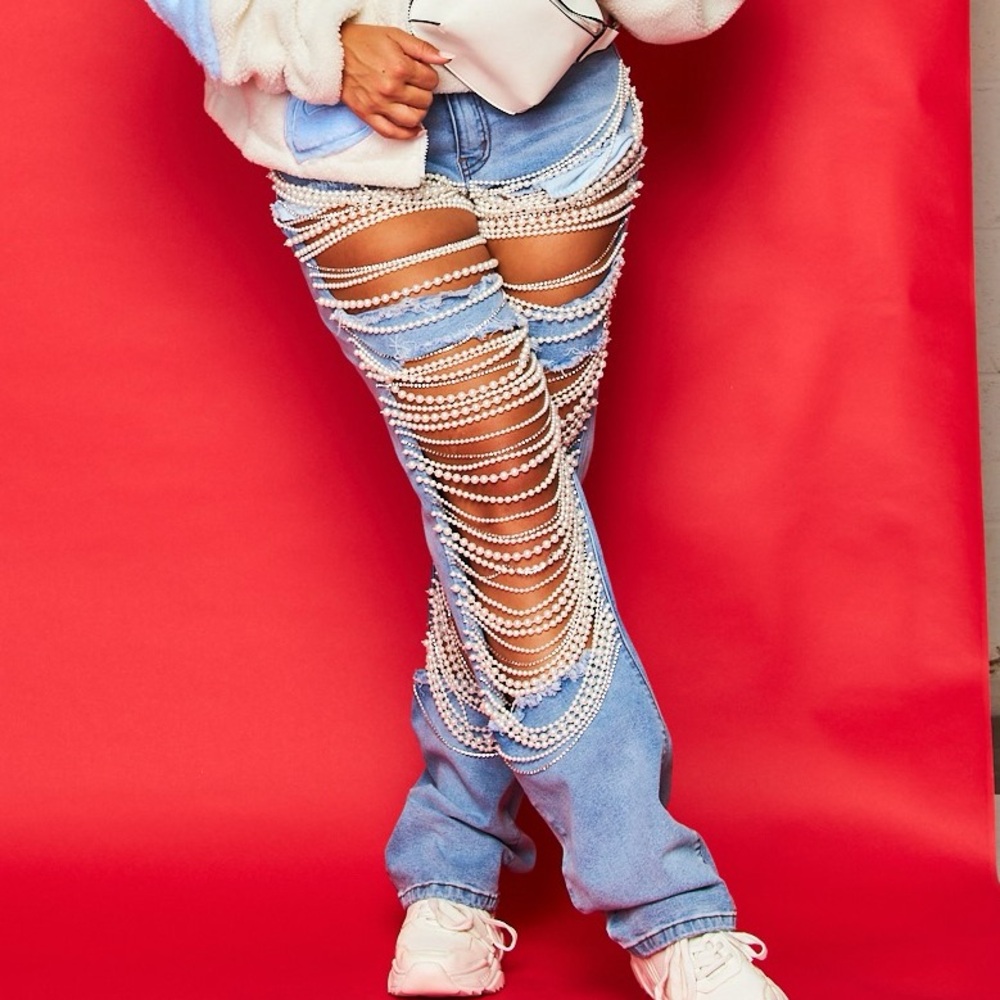 New Denim Pearl and Rhinestone Jeans pants high rise straight leg embellished